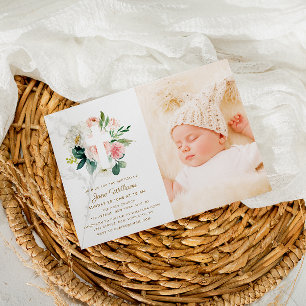  rosa och vita blommigtar Baptismfoto Inbjudningar