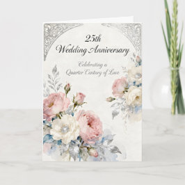 Rosa och Vita Blommor 25-års Bröllopsjubileum Kort