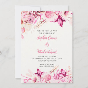 Rosa och vita blommor Boho Benvita Bröllop Inbjudningar