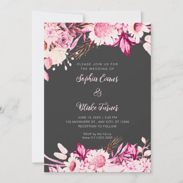 Rosa och vita blommor Boho grå bröllop Inbjudningar (Framsida)