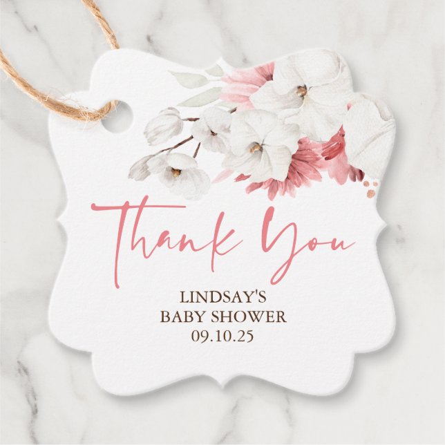 Rosa och vita blommor Boho tack Gåvor Etiketter (Framsida)