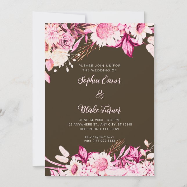Rosa och Vita Blommor Boho Trä Brun Bröllop Inbjudningar (Framsida)