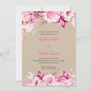 Rosa och Vita Blommor Boho Vanilj Bröllop Inbjudningar