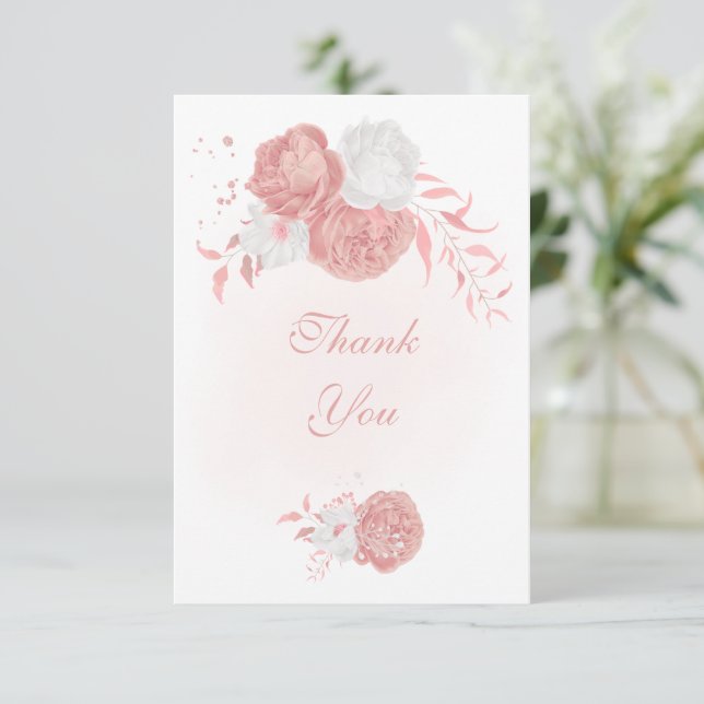 rosa och vita blommor botaniska bröllop tack kort (Stående Fram)