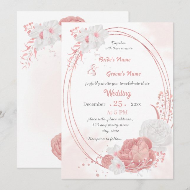 rosa och vita blommor botaniskt geometriskt bröllo inbjudningar (Fram/baksida)