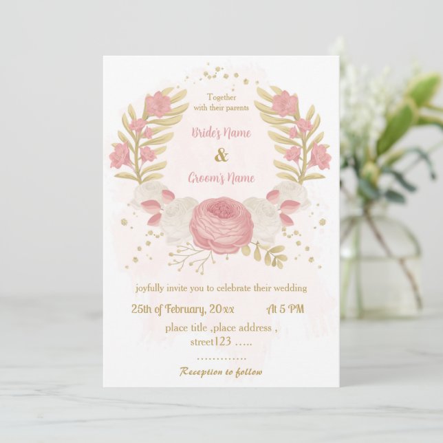 rosa och vita blommor guld botaniska andedräkten b inbjudningar (Stående Fram)