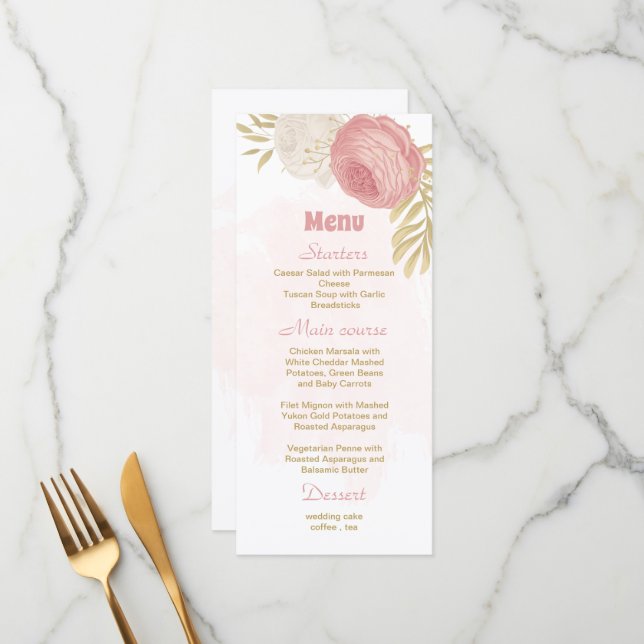 rosa och vita blommor guld botaniska bröllop meny (Fram/Back In Situ)