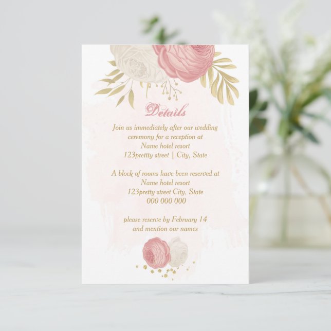 rosa och vita blommor guld botaniska bröllop tilläggskort (Stående Fram)