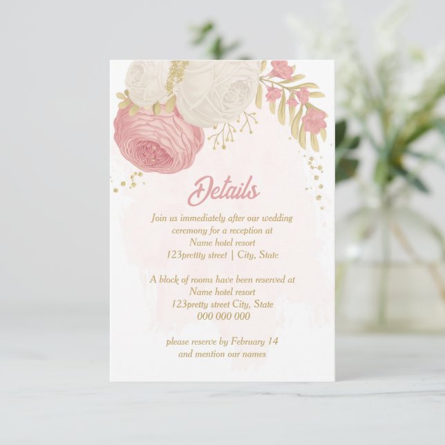 rosa och vita blommor guld botaniska bröllop tilläggskort (Stående Fram)