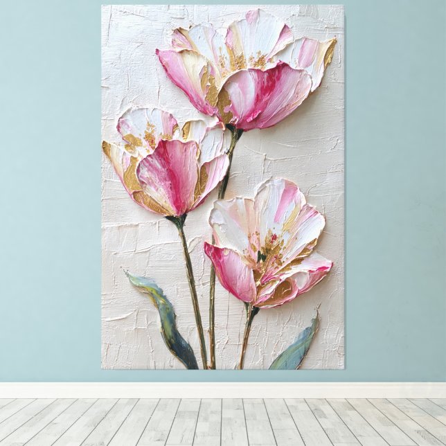 Rosa och vita blommor med guldbelägg abstrakt  canvastryck (Insitu (trägolv))
