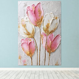 Rosa och vita blommor med guldbelägg abstrakt  canvastryck