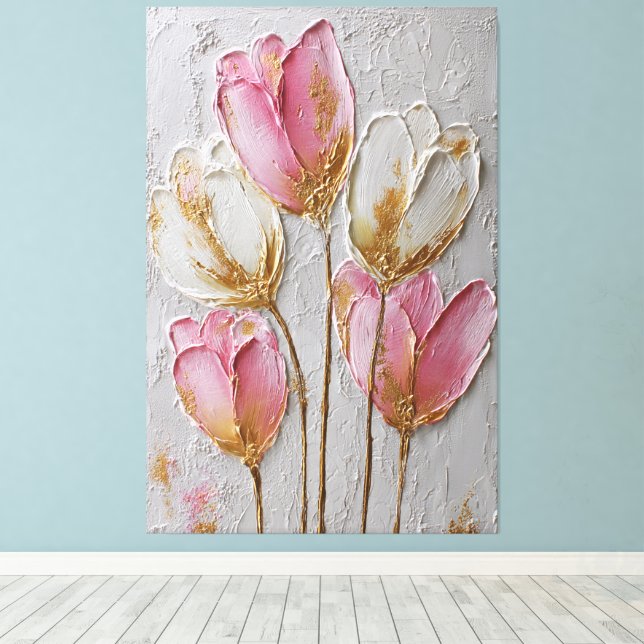 Rosa och vita blommor med guldbelägg abstrakt  canvastryck (Insitu (trägolv))