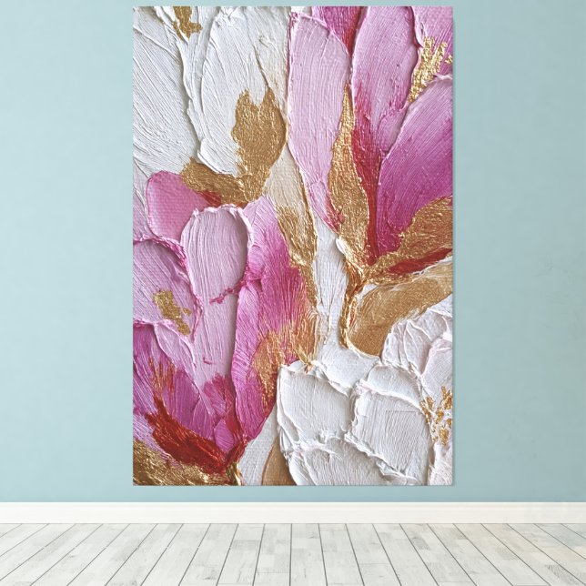 Rosa och vita blommor med guldbeläggning Abstrakt  Canvastryck (Insitu (trägolv))