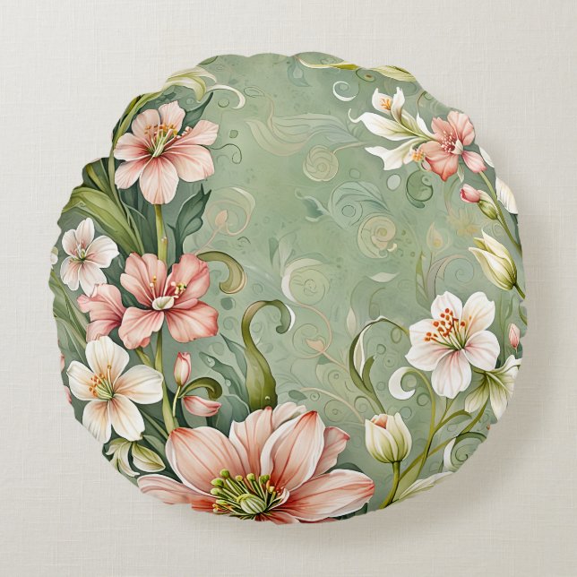  Rosa och vita blommor på sidan Rund Kudde (Framsidan)