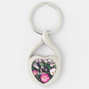 Rosa och vita blommor twisted heart silverfärgad nyckelring