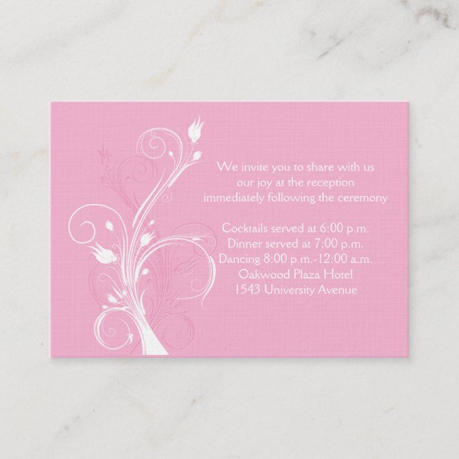 Rosa och vita blomsterbröllopsreceptionskort tilläggskort (Framsida)