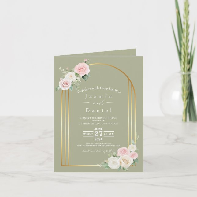 Rosa och vita dunkla blomster bröllopsinbjudan inbjudan (Framsida)