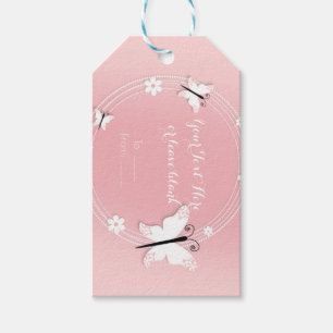 Rosa och vita fjärilar & blommor partfavor presentetikett