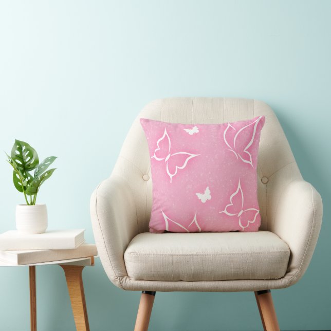 Rosa och vita fjärilar glittrar rosa bakgrund kudde (Stol)