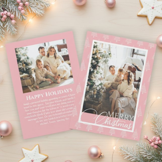 Rosa och Vita fotopilen Träd Mönster Julkort (Pink And White Tree Pattern Photo Christmas Holiday Card)
