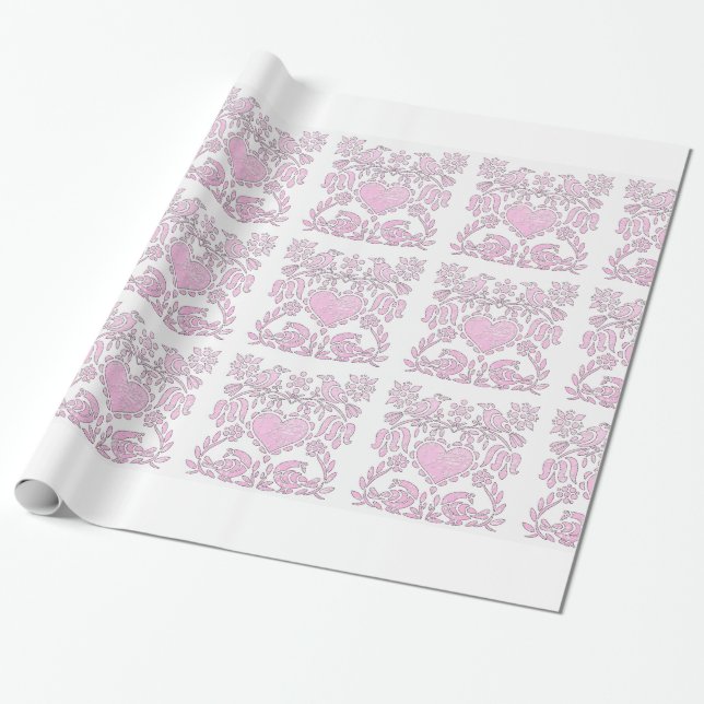 Rosa och vita kärleksfåglar och hjärtan presentpapper (Utrullad)