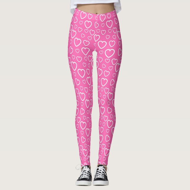 Rosa och vita kärlekshjärtsmönster leggings (Framsida)