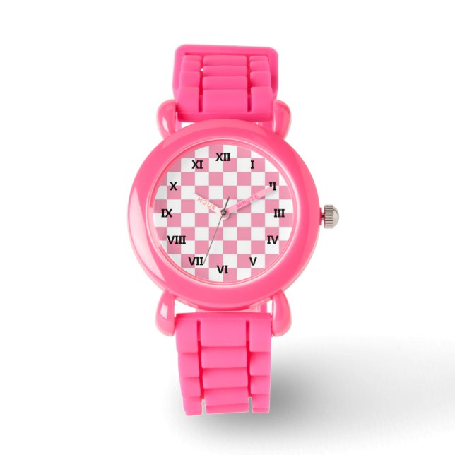 Rosa och vita kontrollrutor Glitter Watch Armbandsur (Framsida)