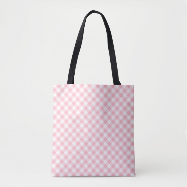 Rosa och vita medelStorleka diagonala Gingham-kont Tygkasse (Framsida)