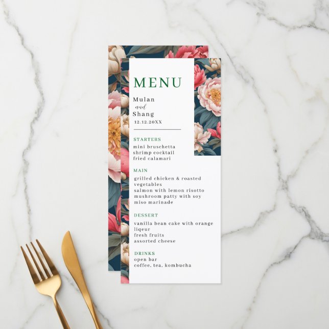 Rosa och vita ponnyer Oriental Bröllop Meny (Fram/Back In Situ)