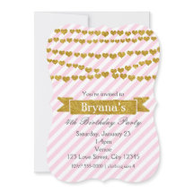 Rosa och vita ränder med guldhjärtan inbjudningar