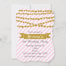 Rosa och vita ränder med guldhjärtan inbjudningar