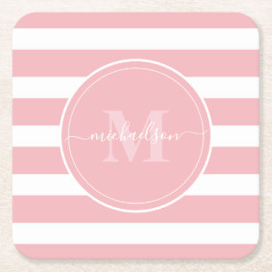 Rosa och vita ränder Monogram namn Underlägg Papper Kvadrat