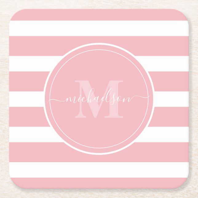 Rosa och vita ränder Monogram namn  Underlägg Papper Kvadrat (Framsidan)