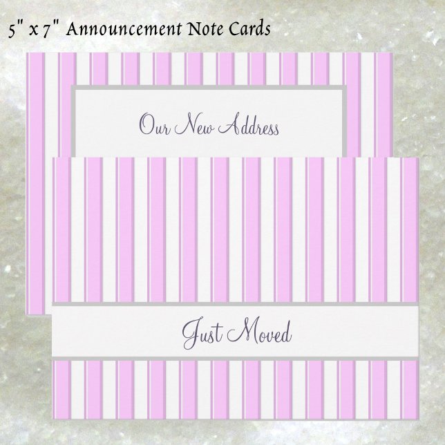 Rosa och vita ränder Redigerbar skript Ny adress Meddelande (Pink and white stripes New Address note card)