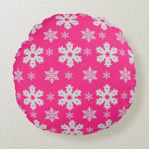 Rosa och Vita Snöflingor, Rund Dekorativ kudde