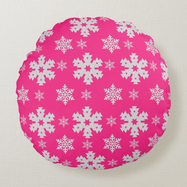 Rosa och Vita Snöflingor, Rund Dekorativ kudde (Framsidan)