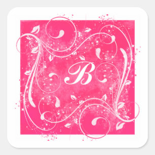 Rosa och vita snurrar 1,5-tums monogrammad Sticker Fyrkantigt Klistermärke