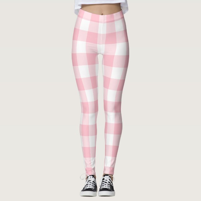 Rosa och vita stora Storleka Gingham-kontroller Leggings (Framsida)