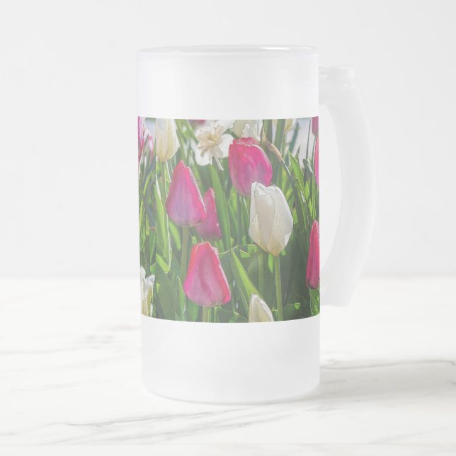 Rosa och vita tulpaner, halvfrostat glasöl frostat ölglas (Framsida höger)