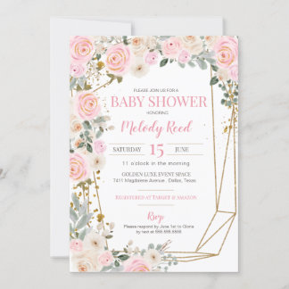 Rosa och vita vattenfärger Blommor Flickbabyskor Inbjudningar