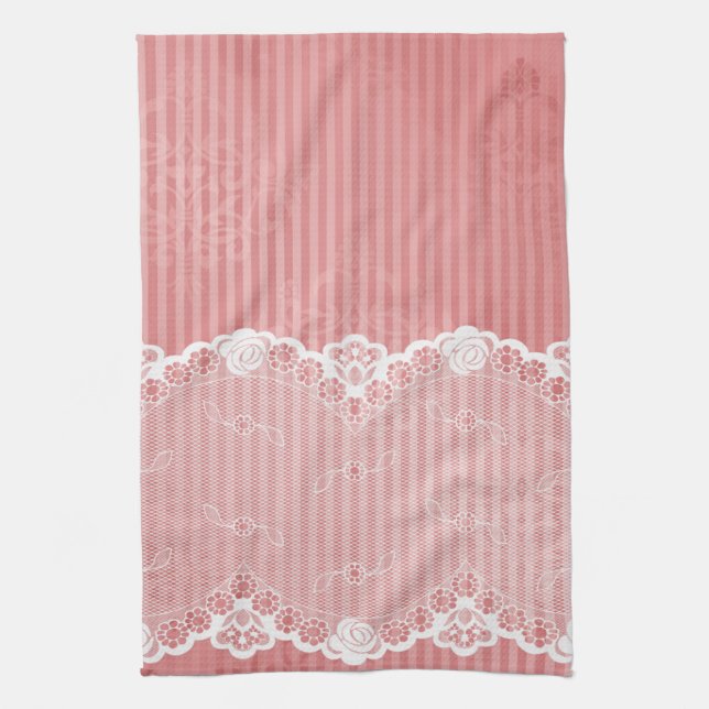 Rosa- och vitbakgrund med svart snöre kökshandduk (Vertikal)