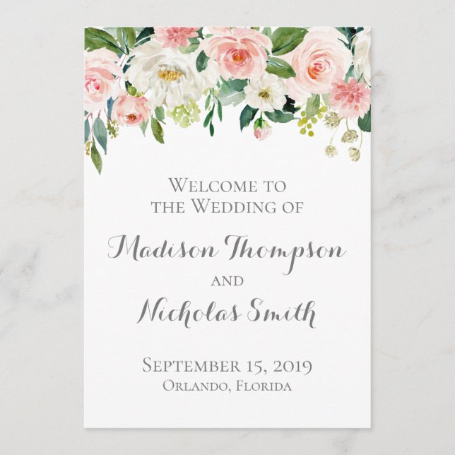 Rosa- och vitblommiga Bröllopsprogram Program (Framsida)