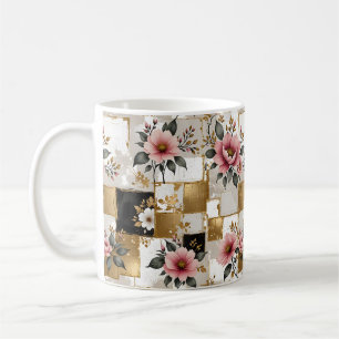 Rosa- och vitblommor på Guld och Svarta fyrkanter Kaffemugg
