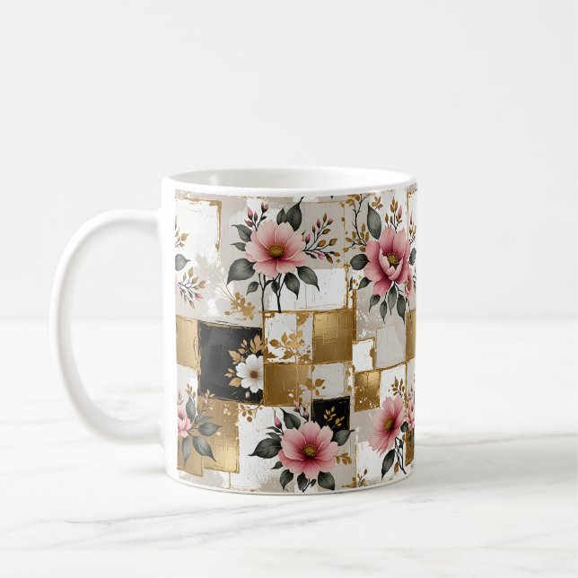 Rosa- och vitblommor på Guld och Svarta fyrkanter Kaffemugg (Vänster)