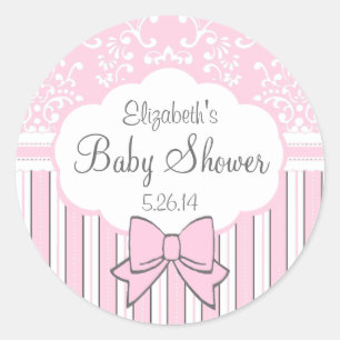 Rosa- och vitdamastbaby shower runt klistermärke