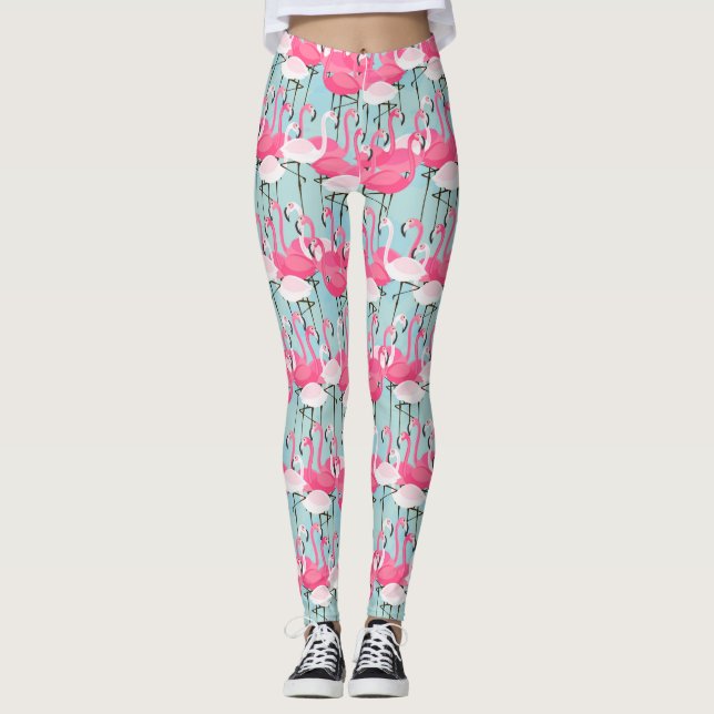Rosa- och vitfolkmassa av Flamingos Leggings (Framsida)