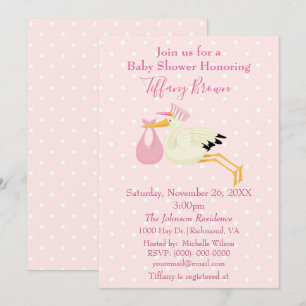 Rosa och vitpolka Dot Stork Baby Shower Inbjudningar