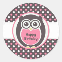 Rosa och vitpolka Dot Uggla Birthday Sticker