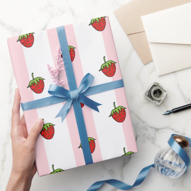 Rosa och vitrandigt julpapper jordgubb  (Gåvor)