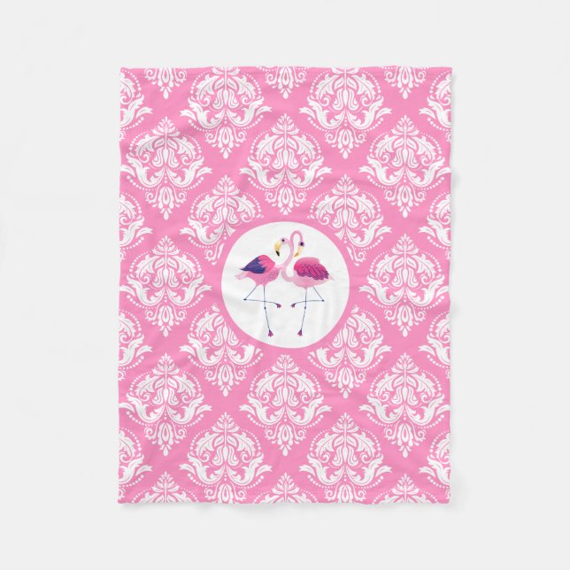 Rosa- och vitskador med Rosa och blåflamingor Fleecefilt (Framsidan)